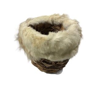 Handmade Native American Foliage Weave Fur Feather 8” H 28” Circumference Basket